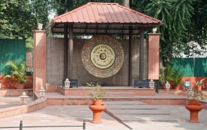The World Peace Gong located near the entrance to the Gandhi Museum in New Delhi, India. 